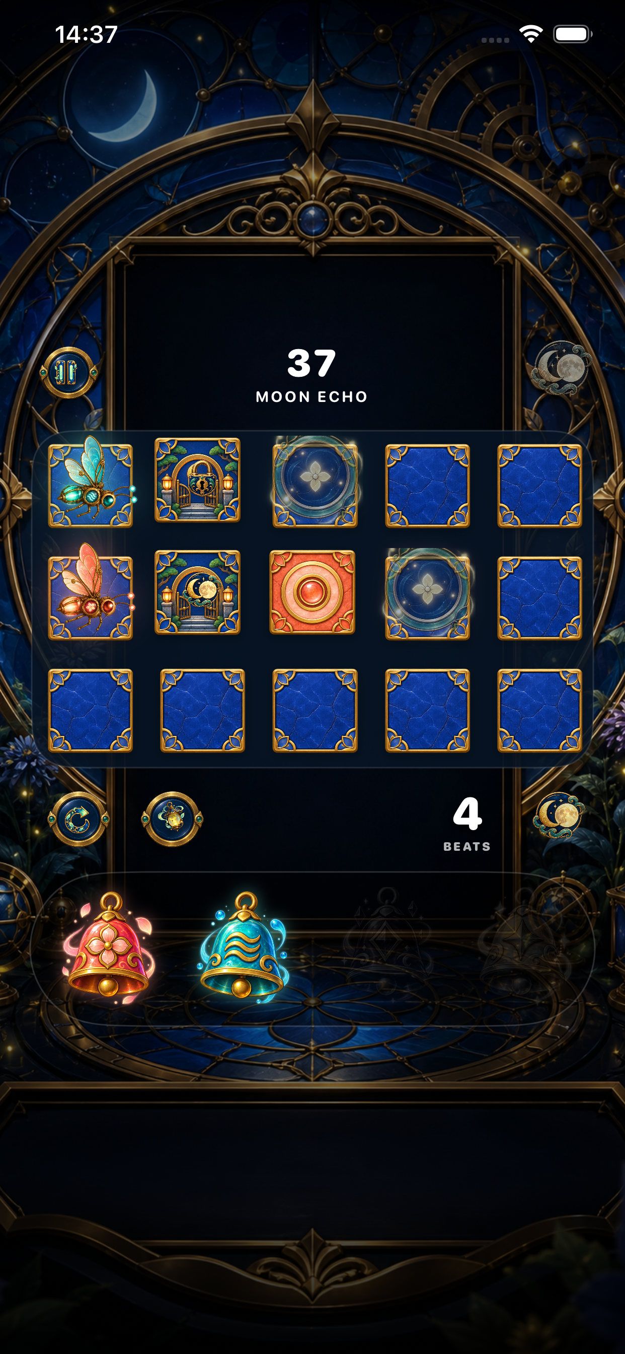 Puzzle board with fireflies, chimes, and garden tiles